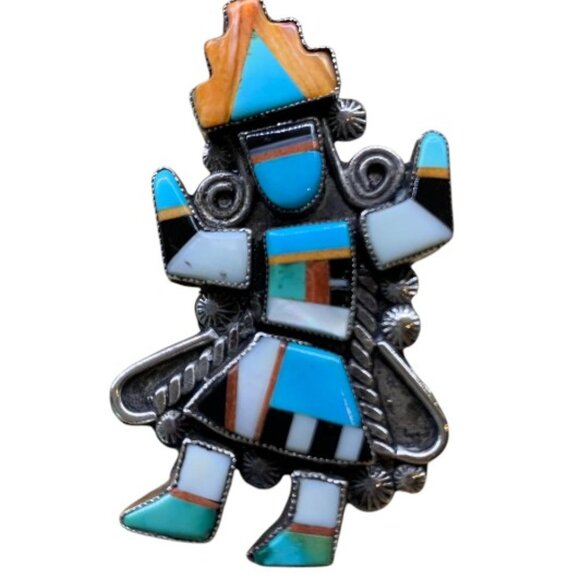 Zuni Dancing Kachina Signed Sterling Inlay Size 8.5 Vintage Ring